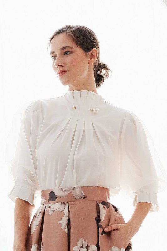 Pearl detail pleated mock neck puff sleeves top