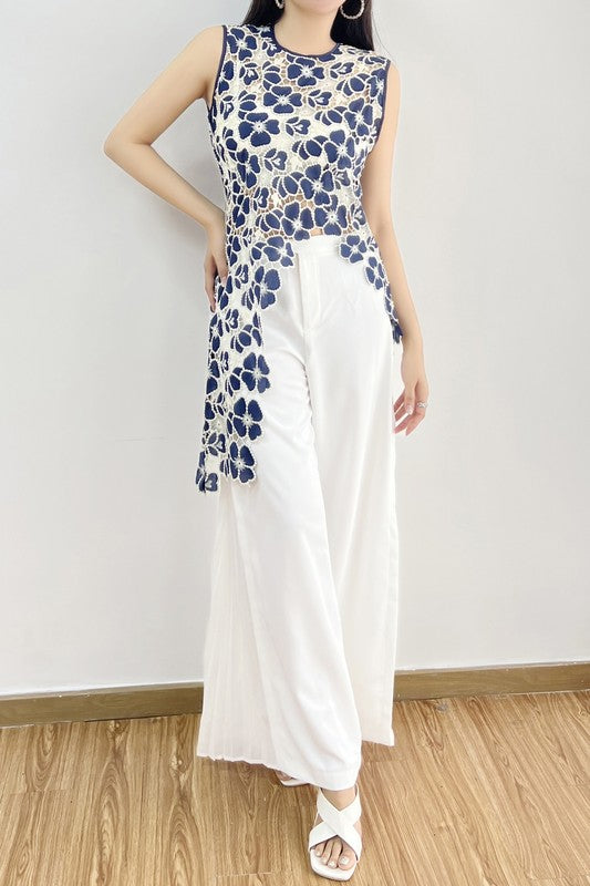 Floral Crochet Navy Asymmetry Tunic