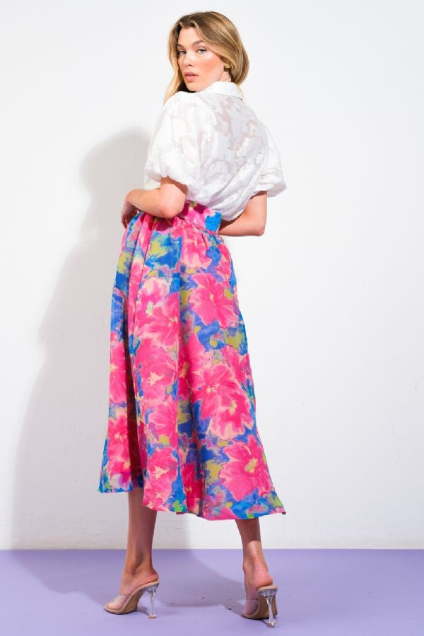 Floral Pink-blue belted skirt