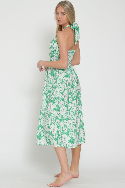 Halter green/white midi dress