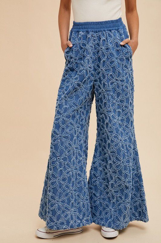 FLOWER CHENILLE DENIM WIDE PALAZZO PANTS