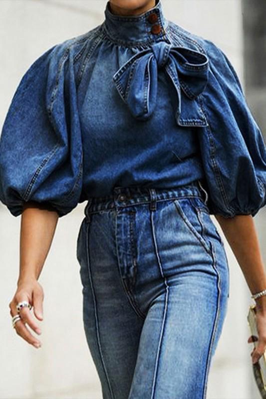 Denim Bow Statement Blouse