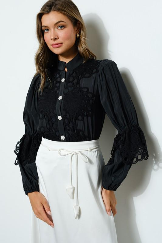 Black Lace Puff Sleeve Blouse