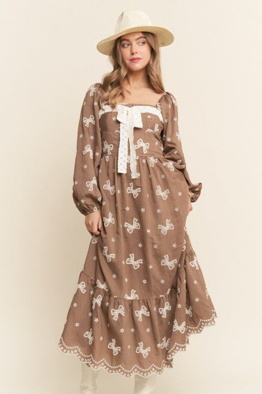 Embroidered Bows Long Sleeve Maxi(Pre order)