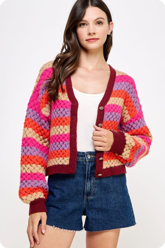 Waffle Stripe Block Cardigan Sweater(Pre order)