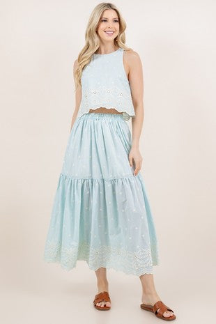 Embroidery Light Blue Crop Top & Skirt