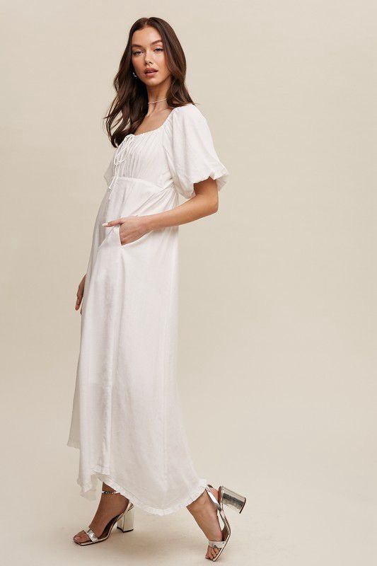 White Puff Sleeve Maxi Dress with Bow Detail (Preorder)