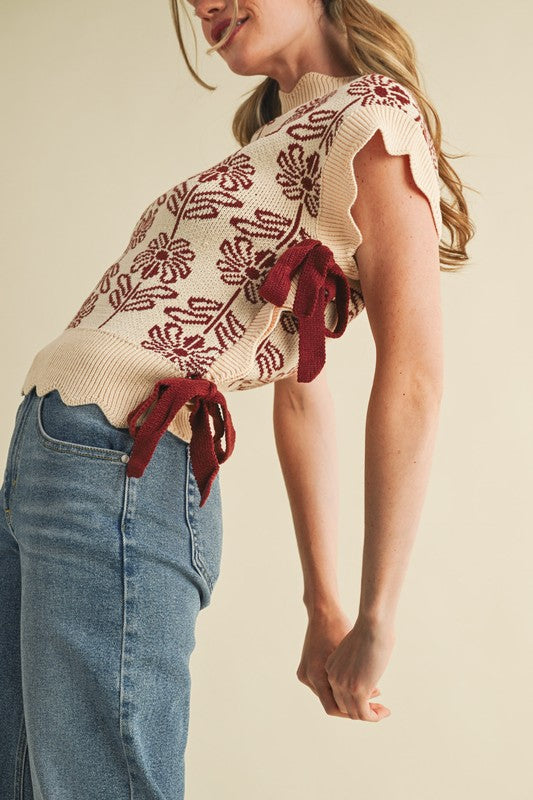 ibbed Scallop Floral Sweater Vest(Pre order)