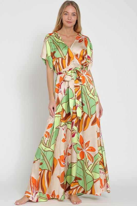 Kimono beige/tangerine/green maxi dress