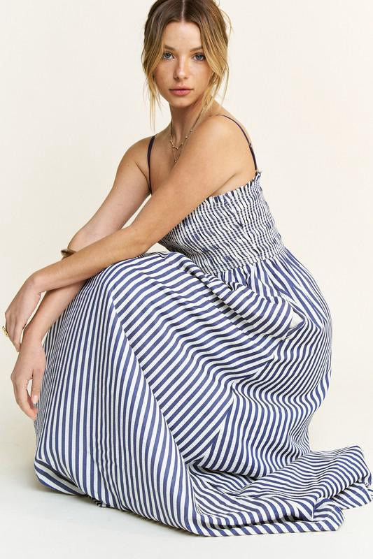 STRIPED SLEEVELESS SMOCKED POPLIN MAXI DRESS (PRE ORDER)