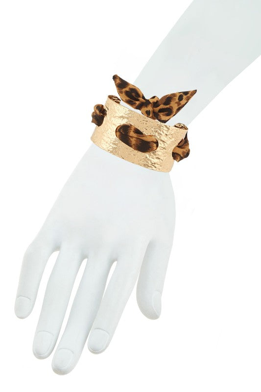 Gold-tone Cuff Bracelet With Leopard Fabric Tie