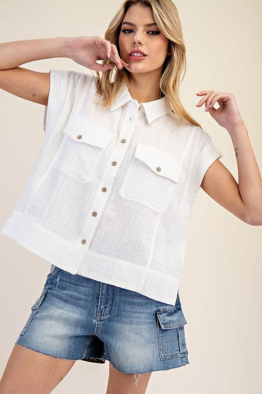 Cotton Gauze Cap Sleeve Blouse Top