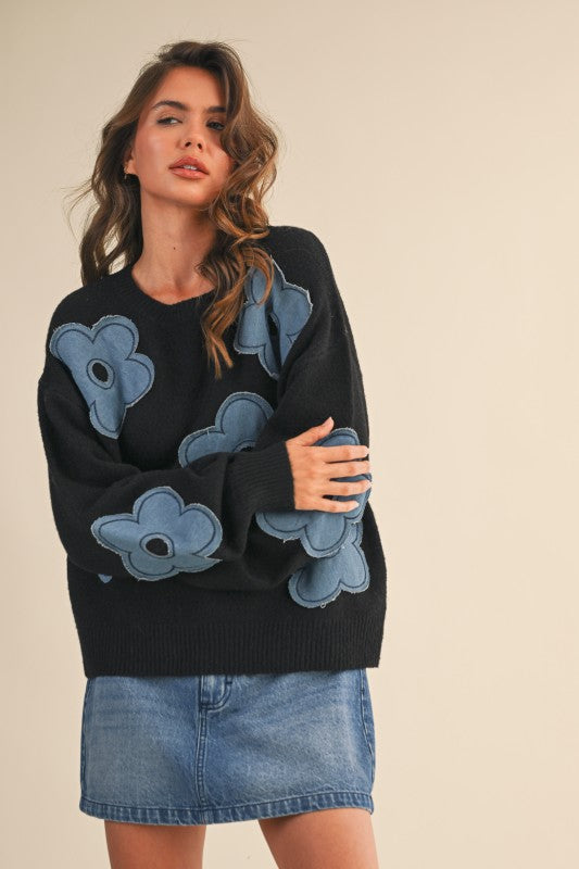Denim Floral Contrast Knit Sweater Top(Pre order)