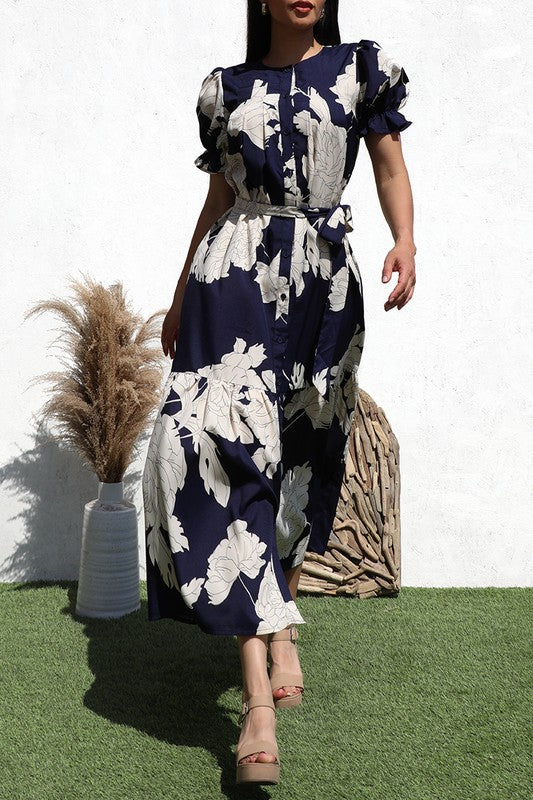 Printed button down woven long dress