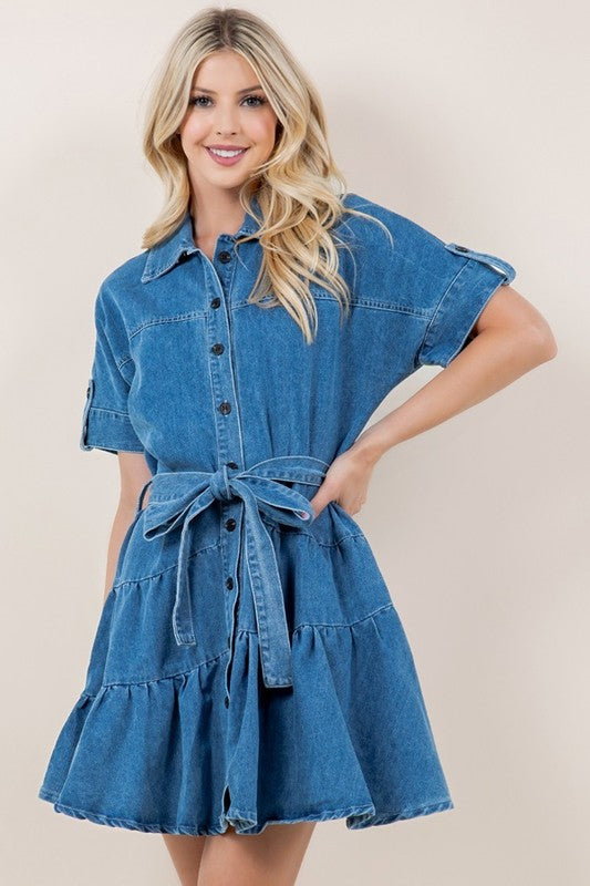 Short Sleeve Belted Ruffle Denim Dress