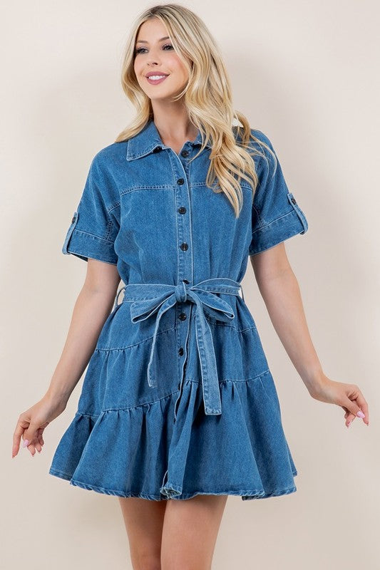 Short Sleeve Belted Ruffle Denim Dress