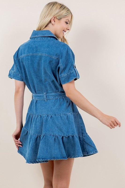 Short Sleeve Belted Ruffle Denim Dress