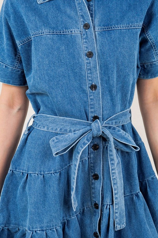 Short Sleeve Belted Ruffle Denim Dress