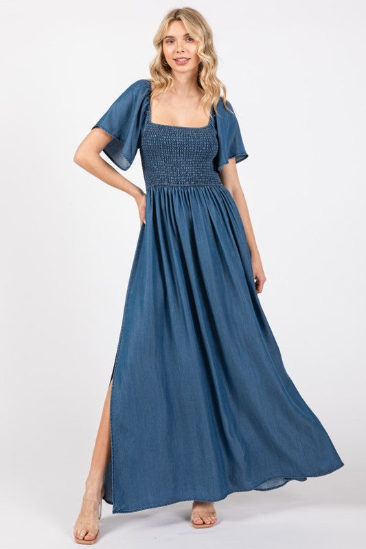 Chest Smoked Denim Maxi Dress