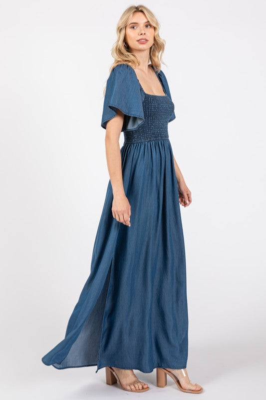 Chest Smoked Denim Maxi Dress