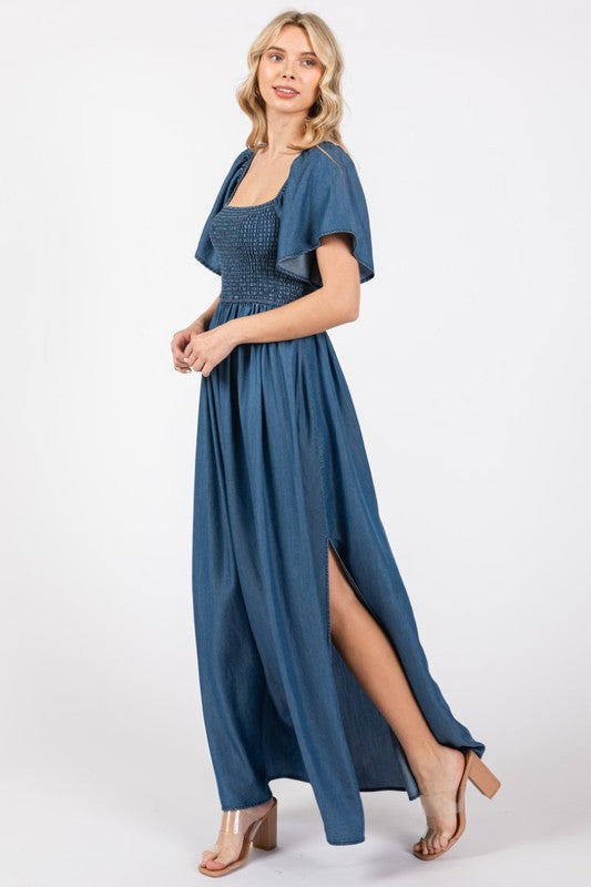 Chest Smoked Denim Maxi Dress