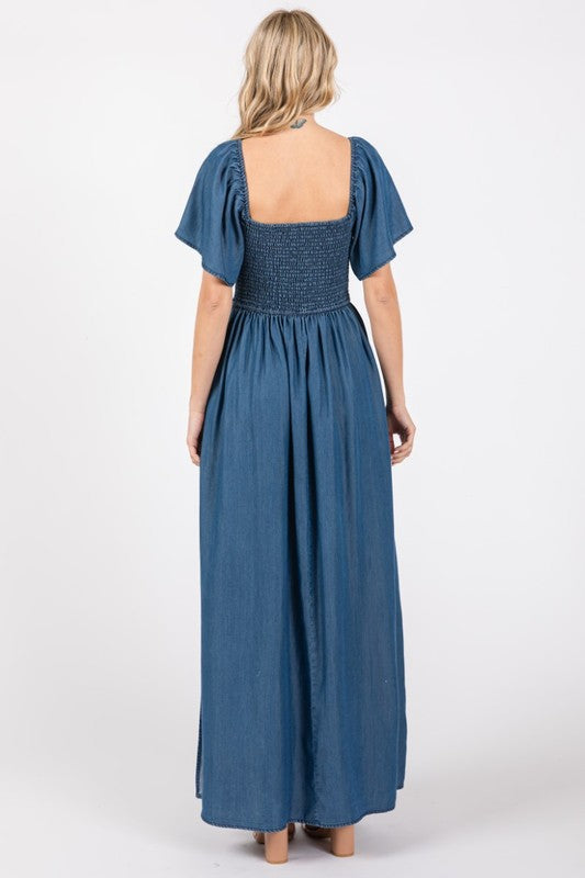 Chest Smoked Denim Maxi Dress