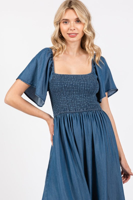 Chest Smoked Denim Maxi Dress