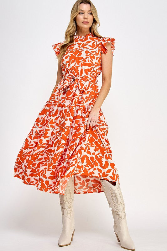 Allover Flower Print Ruffle Orange Sleeves Belted Dress