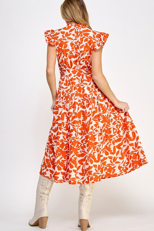 Allover Flower Print Ruffle Orange Sleeves Belted Dress