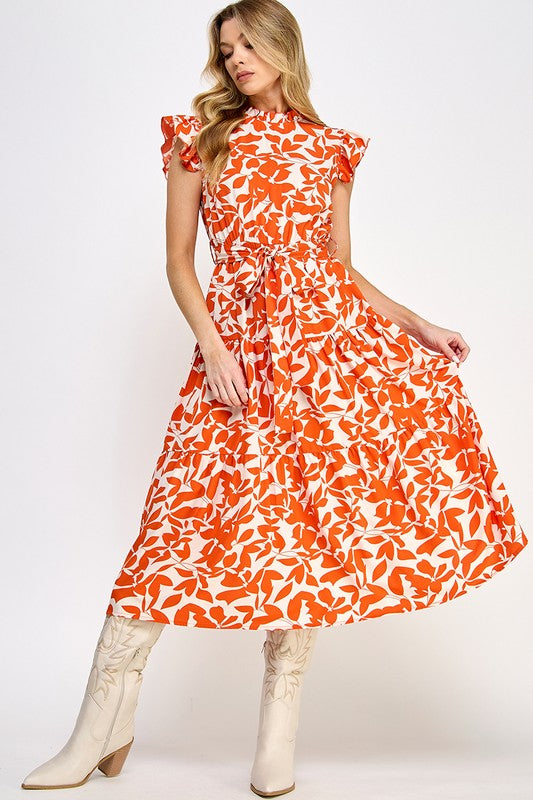 Allover Flower Print Ruffle Orange Sleeves Belted Dress