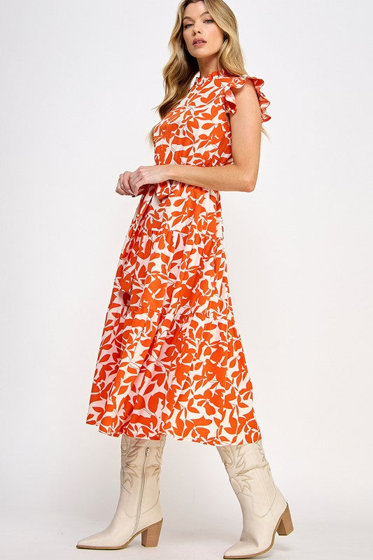 Allover Flower Print Ruffle Orange Sleeves Belted Dress