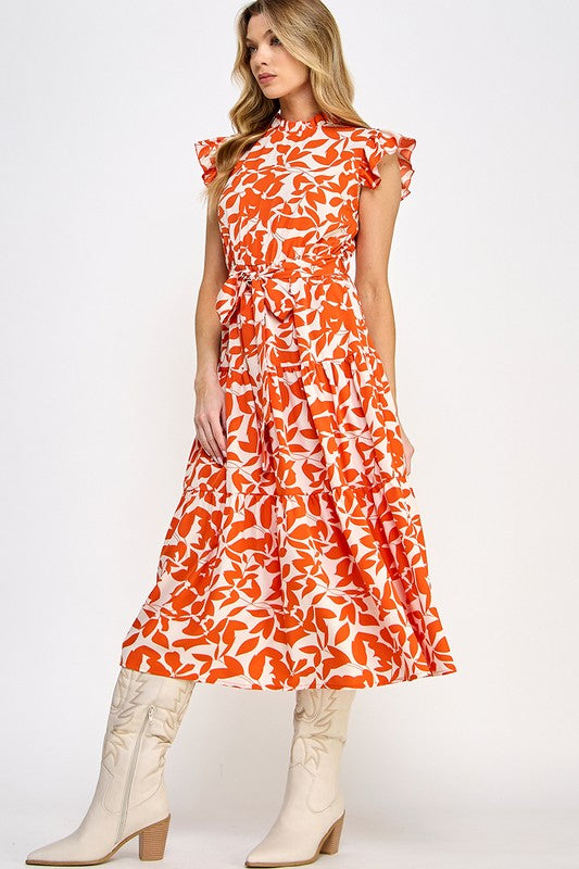 Allover Flower Print Ruffle Orange Sleeves Belted Dress