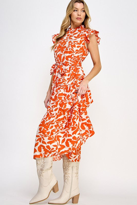 Allover Flower Print Ruffle Orange Sleeves Belted Dress