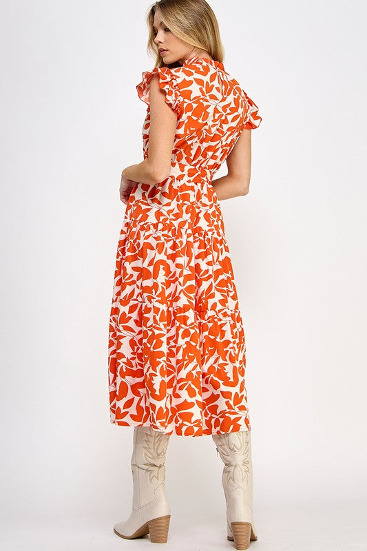 Allover Flower Print Ruffle Orange Sleeves Belted Dress