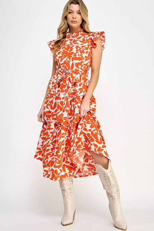 Allover Flower Print Ruffle Orange Sleeves Belted Dress