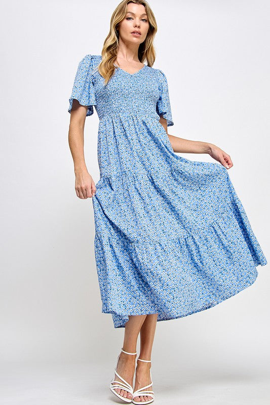 Blue Smocked Chest Printed Tiered Midi Dress