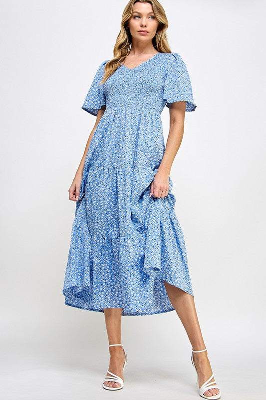 Blue Smocked Chest Printed Tiered Midi Dress