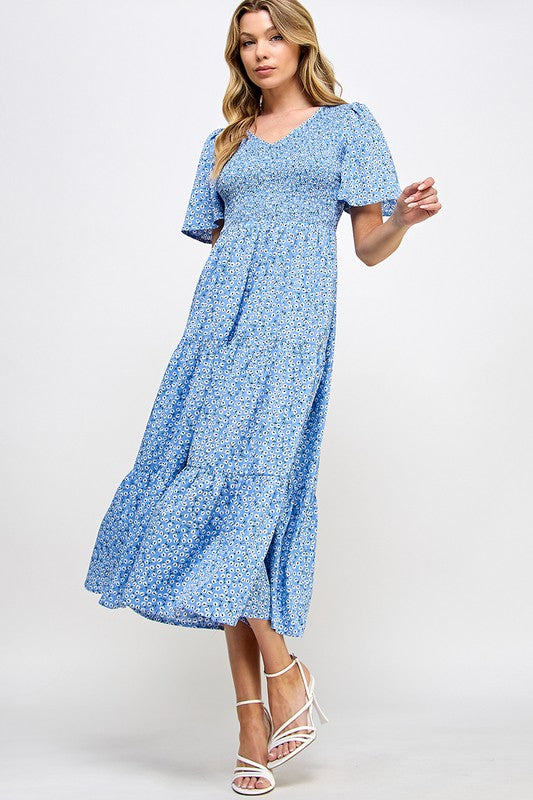 Blue Smocked Chest Printed Tiered Midi Dress