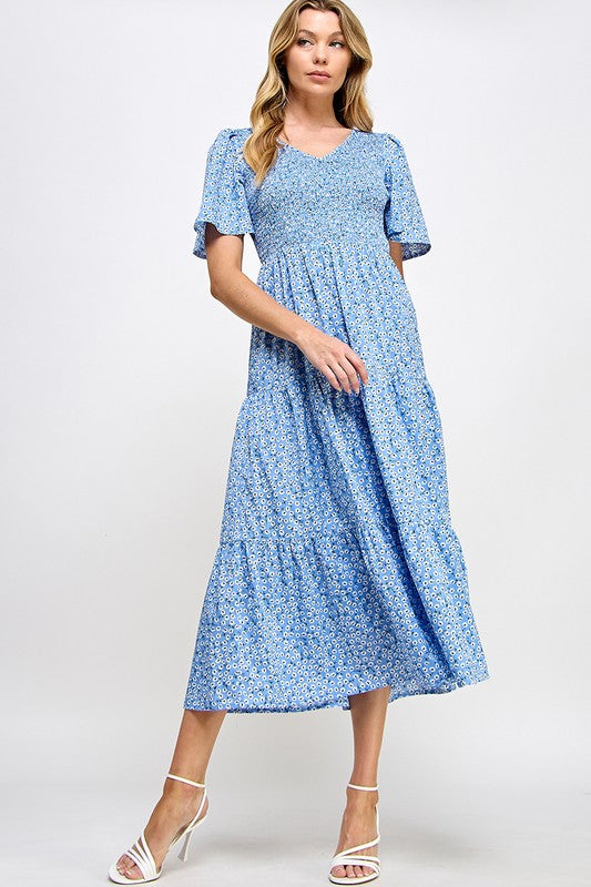 Blue Smocked Chest Printed Tiered Midi Dress