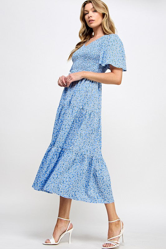 Blue Smocked Chest Printed Tiered Midi Dress