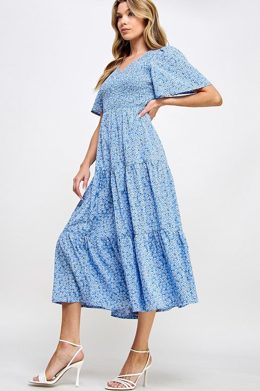 Blue Smocked Chest Printed Tiered Midi Dress