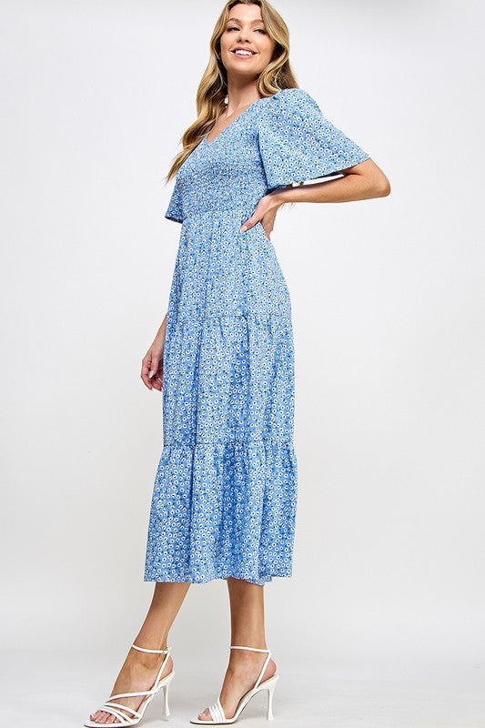 Blue Smocked Chest Printed Tiered Midi Dress