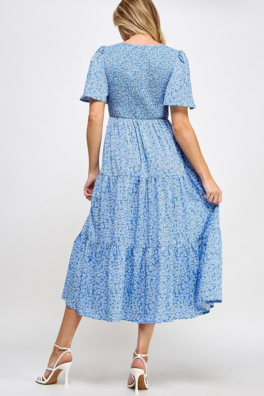 Blue Smocked Chest Printed Tiered Midi Dress