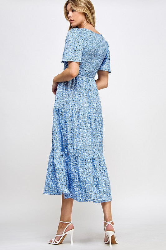 Blue Smocked Chest Printed Tiered Midi Dress