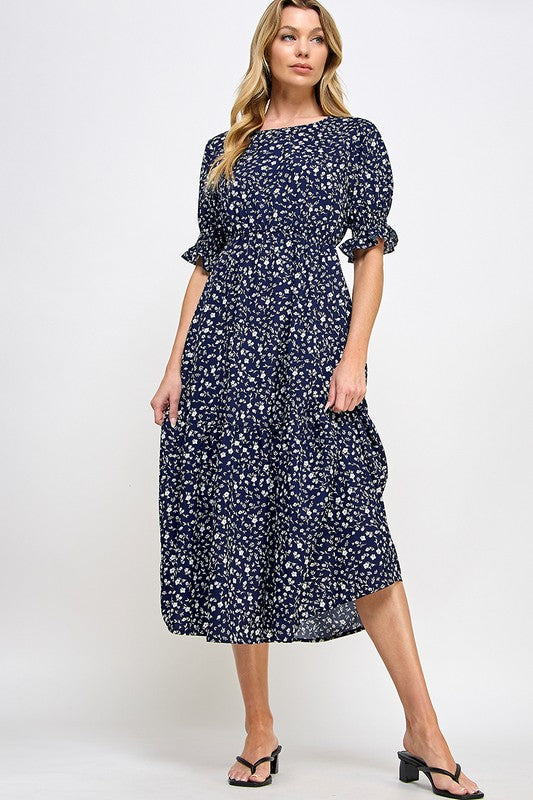 Navy Elasticated Waistline Floral Printed Midi Dress