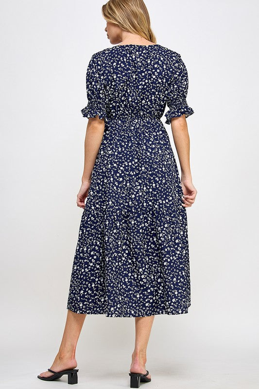 Navy Elasticated Waistline Floral Printed Midi Dress