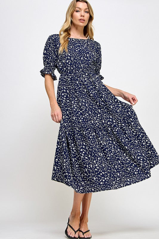 Navy Elasticated Waistline Floral Printed Midi Dress