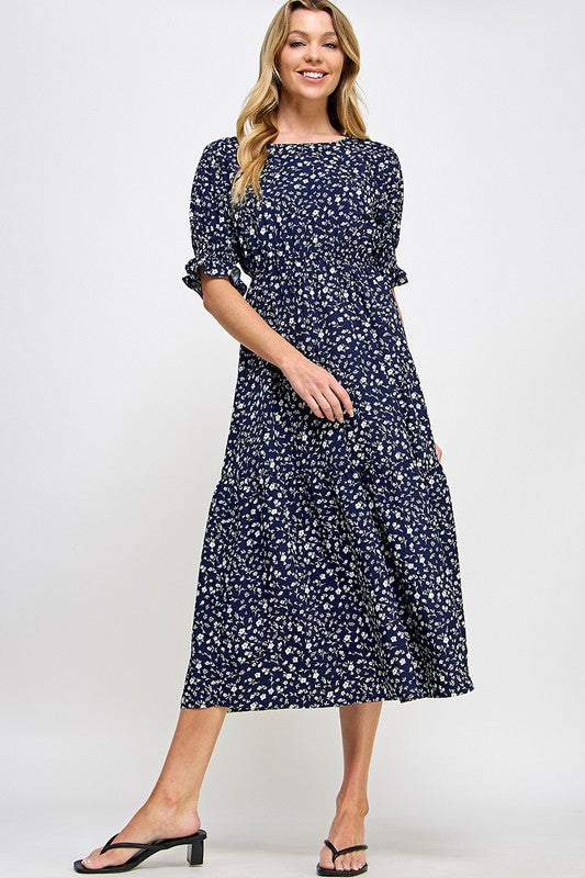 Navy Elasticated Waistline Floral Printed Midi Dress