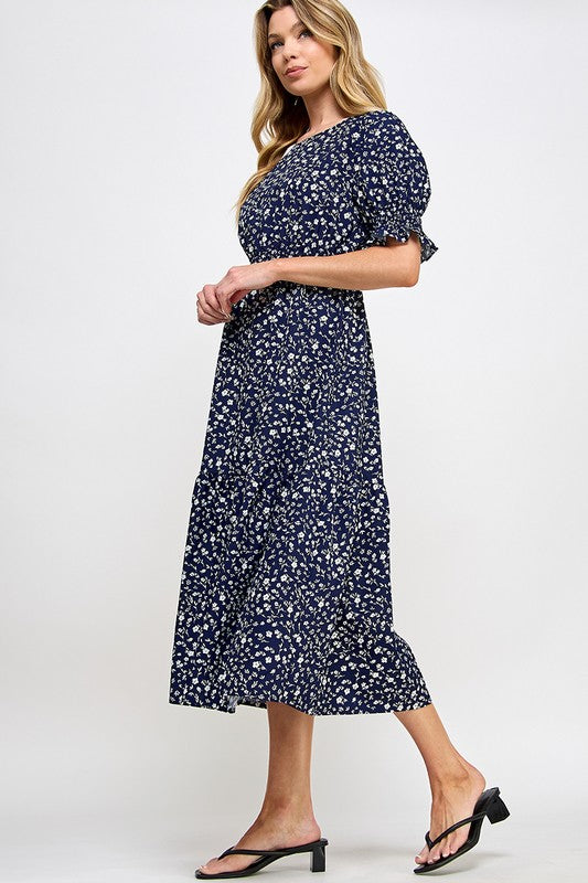 Navy Elasticated Waistline Floral Printed Midi Dress