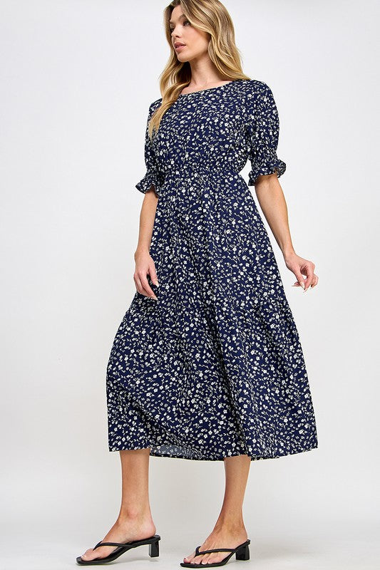 Navy Elasticated Waistline Floral Printed Midi Dress